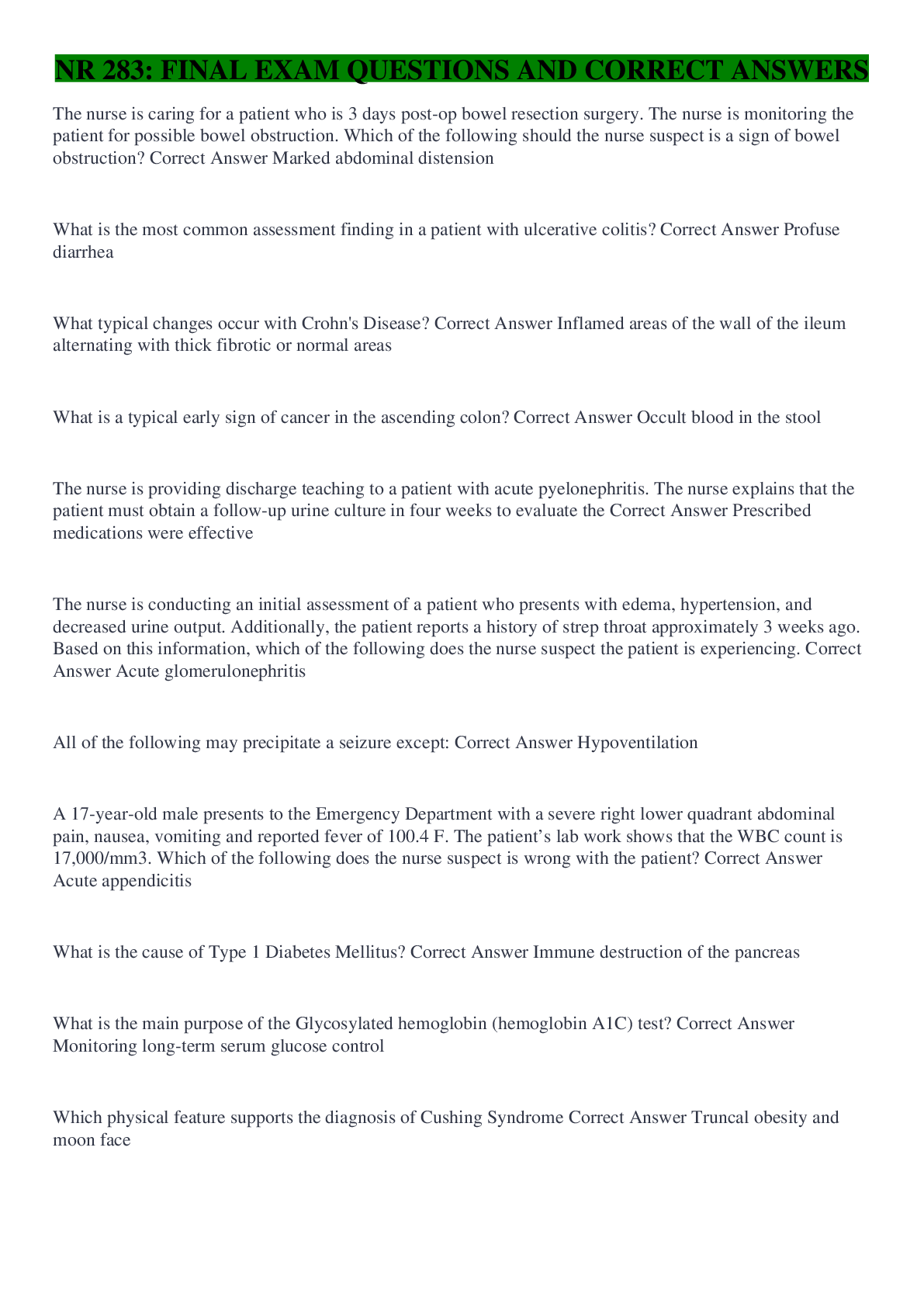 Preview image for NR 283: Final Exam Questions and Answers Latest 2021 Already Graded A+(CHAMBERLAIN COLLEGE OF NURSING)